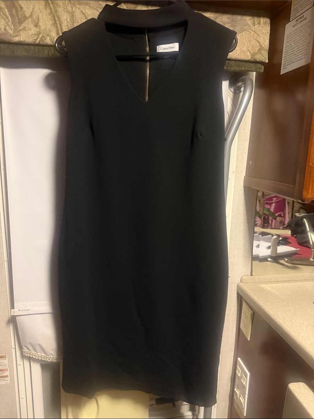 Calvin Klein Black Sleeveless V-Neck Shift Dress with Gold Zip